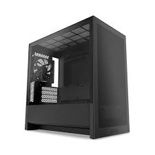 Black computer case with a clear side panel on a white background